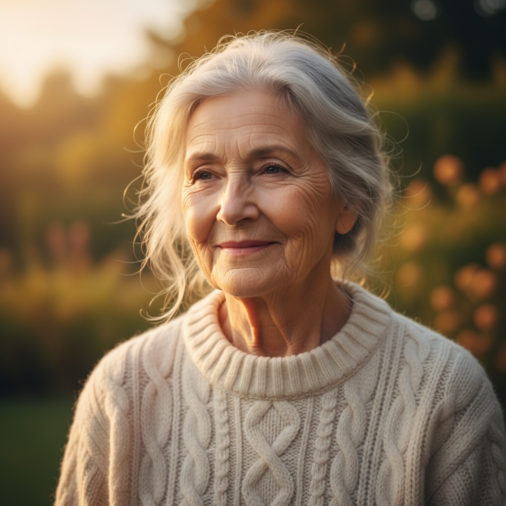 An elderly woman with silver hair and a gentle smile wears a cream-colored cable-knit sweater outdoors in the soft light of sunset.